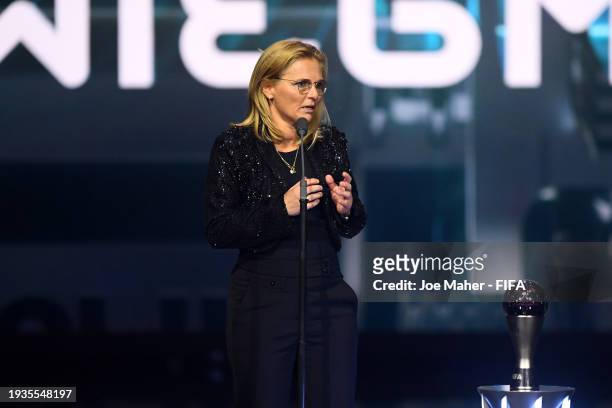 Women's Coach of the Year, Sarina Wiegman, speaks with her trophy during the The Best FIFA Football Awards 2023 at The Apollo Theatre on January 15,...