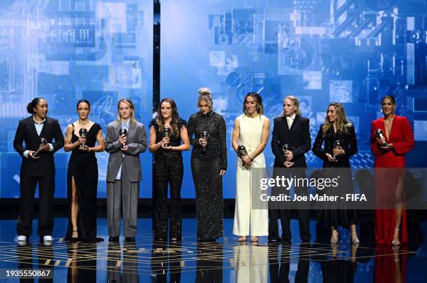 Lauren James, Aitana Bonmati, Keira Walsh, Ella Toone, Alessia Russo, Lucy Bronze, Alex Greenwood, Olga Carmona and Mary Earps, Members of the Fifpro...