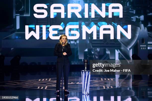 Women's Coach of the Year, Sarina Wiegman, speaks with her trophy during the The Best FIFA Football Awards 2023 at The Apollo Theatre on January 15,...