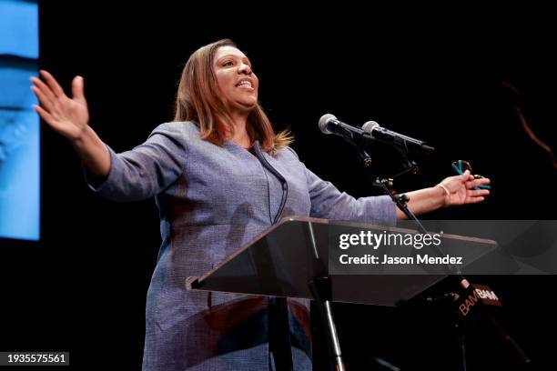 Attorney General of New York Letitia James speaks on stage during 38th Annual Brooklyn Tribute To Dr. Martin Luther King, Jr. At BAM Howard Gilman...