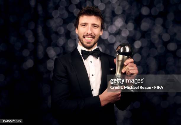 Fifpro Men's Best XI member, Ruben Dias, poses for a photo during The Best FIFA Football Awards 2023 at The Apollo Theatre on January 15, 2024 in...