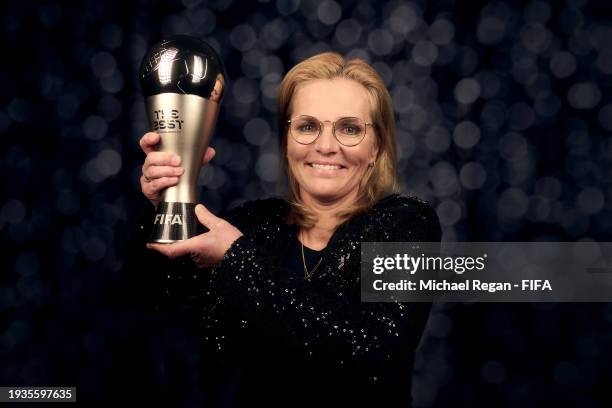 Women's Coach of the Year, Sarina Wiegman, poses for a photo during The Best FIFA Football Awards 2023 at The Apollo Theatre on January 15, 2024 in...