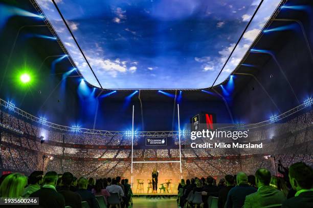 Laura Woods introduces the world premiere of the Netflix documentary "Six Nations: Full Contact" at Frameless on January 15, 2024 in London, England.