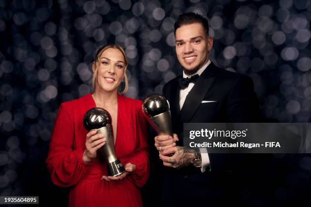 Best Women's Goalkeeper, Mary Earps and FIFA Best Men's Goalkeeper, Ederson, pose for a photo during The Best FIFA Football Awards 2023 at The Apollo...