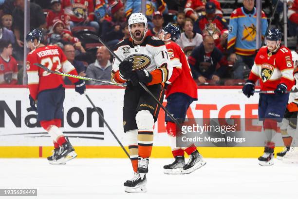 Alex Killorn of the Anaheim Ducks celebrates after scoring a goal during overtime to defeat the Florida Panthers at Amerant Bank Arena on January 15,...