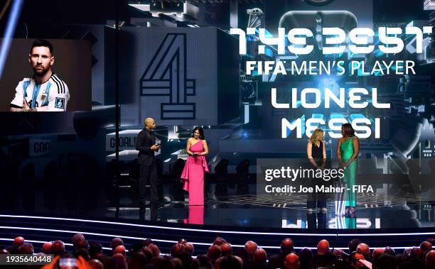 Lionel Messi is announced as the winner of the FIFA Best Men's Award during the The Best FIFA Football Awards 2023 at The Apollo Theatre on January...