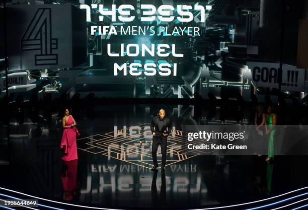 Lionel Messi is announced as the winner of the FIFA Best Men's Award during the The Best FIFA Football Awards 2023 at The Apollo Theatre on January...