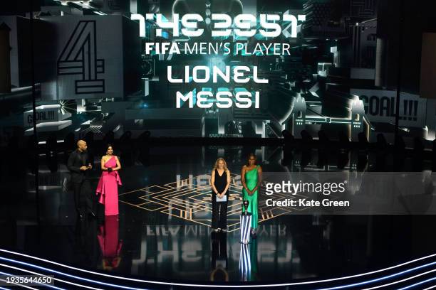 Lionel Messi is announced as the winner of the FIFA Best Men's Award during the The Best FIFA Football Awards 2023 at The Apollo Theatre on January...