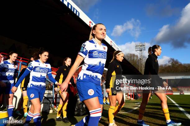 Rachel Dugdale of Reading walks out ahead of the Adobe Women's FA Cup Fourth Round match between Reading Women and Wolverhampton Wanderers Women at...