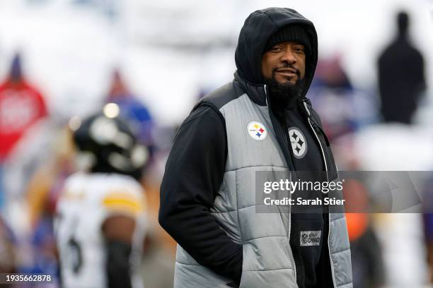 Head coach Mike Tomlin of the Pittsburgh Steelers looks on before the game against the Buffalo Bills at Highmark Stadium on January 15, 2024 in...