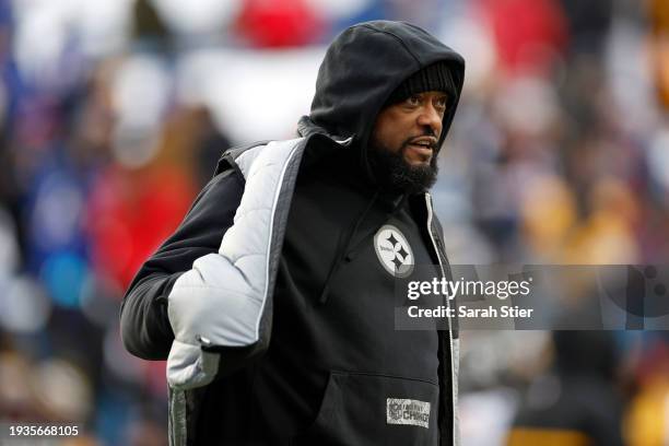 Head coach Mike Tomlin of the Pittsburgh Steelers looks on before the game against the Buffalo Bills at Highmark Stadium on January 15, 2024 in...