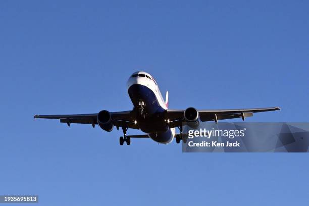 British Airways plane comes in to land at Edinburgh Airport, on January 18, 2024 in Edinburgh, Scotland.