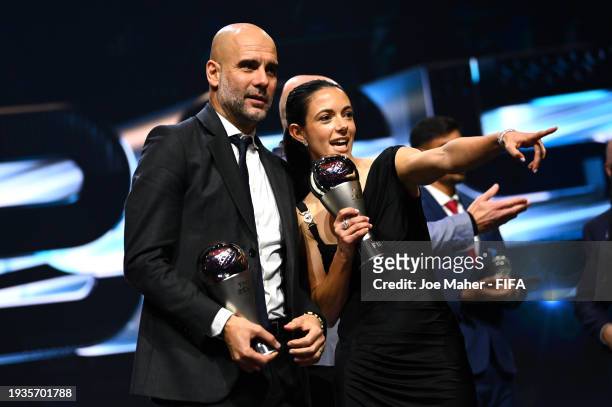Men's Coach of the Year, Pep Guardiola, and FIFA Best Women's Award Winner, Aitana Bonmati, react during the The Best FIFA Football Awards 2023 at...