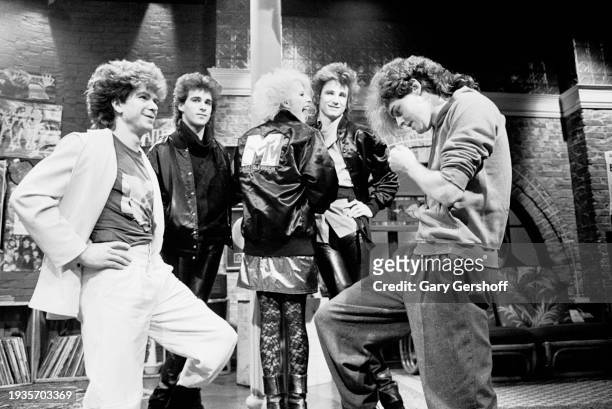 View of the members of American New Wave group Missing Persons as they pose following an interview on MTV at Teletronic Studios , New York, New York,...