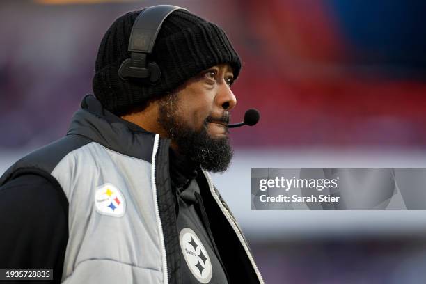 Head coach Mike Tomlin of the Pittsburgh Steelers looks on during the first quarter against the Buffalo Bills at Highmark Stadium on January 15, 2024...