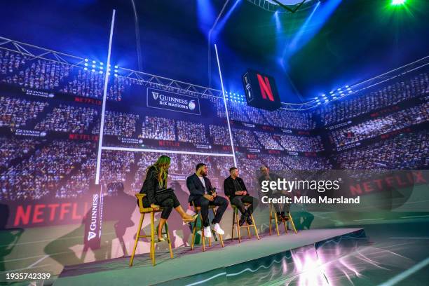 Laura Woods, Ellis Genge, Finn Russell and James Gay-Rees take part in a Q&A during the world premiere of the Netflix documentary "Six Nations: Full...