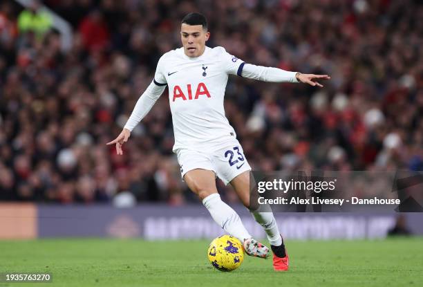 Pedro Porro of Tottenham Hotspur during the Premier League match between Manchester United and Tottenham Hotspur at Old Trafford on January 14, 2024...