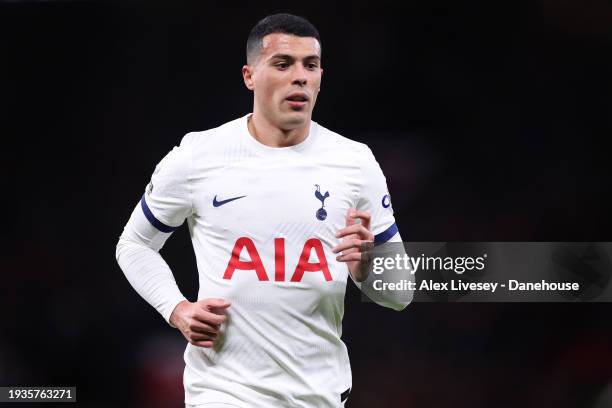 Pedro Porro of Tottenham Hotspur during the Premier League match between Manchester United and Tottenham Hotspur at Old Trafford on January 14, 2024...