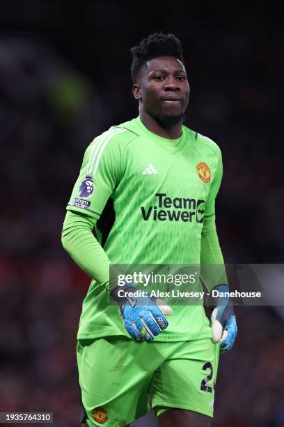 Andre Onana of Manchester United during the Premier League match between Manchester United and Tottenham Hotspur at Old Trafford on January 14, 2024...