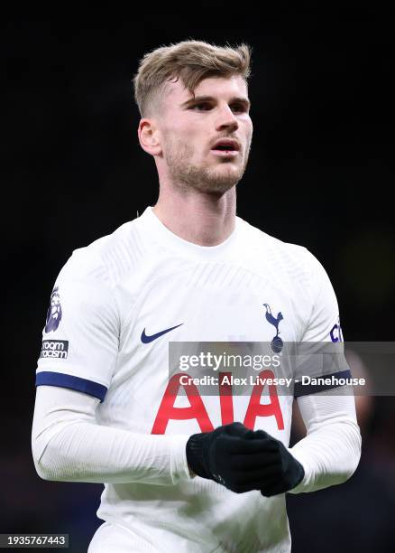 Timo Werner of Tottenham Hotspur looks on during the Premier League match between Manchester United and Tottenham Hotspur at Old Trafford on January...