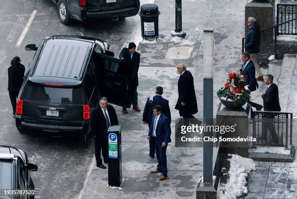Republican presidential candidate, former U.S. President Donald Trump leaves a meeting with campaign advisors on caucus day, January 15, 2024 in Des...