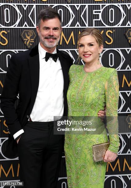 Graham Larson and Rhea Seehorn attend the 75th Primetime Emmy Awards at Peacock Theater on January 15, 2024 in Los Angeles, California.