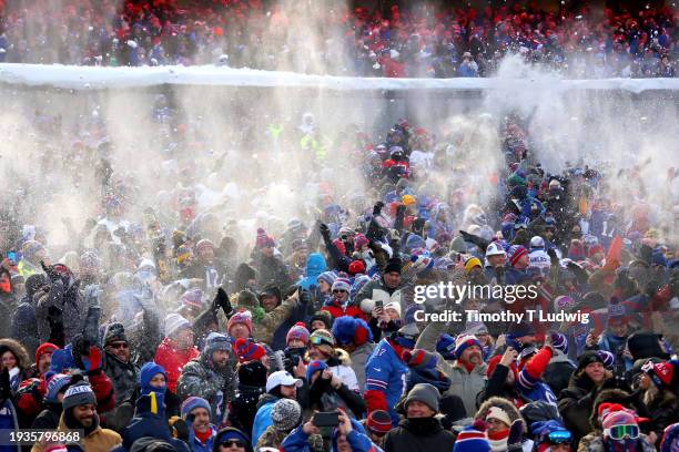 Buffalo Bills celebrate a touchdown during the first quarter against the Pittsburgh Steelers at Highmark Stadium on January 15, 2024 in Orchard Park,...