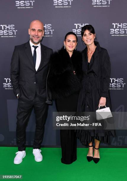 Football Manager, Pep Guardiola, Cristina Serra and Maria Guardiola arrive on the Green Carpet ahead of The Best FIFA Football Awards 2023 at The...