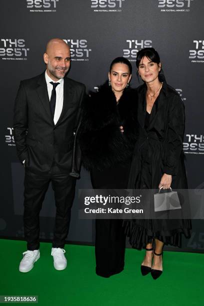 Football Manager, Pep Guardiola, Cristina Serra and Maria Guardiola arrive on the Green Carpet ahead of The Best FIFA Football Awards 2023 at The...