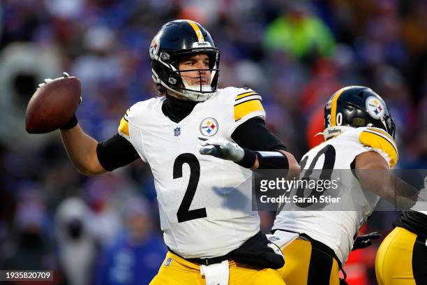 Mason Rudolph of the Pittsburgh Steelers passes during the second quarter against the Buffalo Bills at Highmark Stadium on January 15, 2024 in...