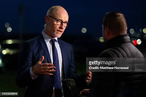 Stephen Kinnock, MP for Aberavon, speaks to the press at the Tata Steel site on January 18, 2024 in Port Talbot, Wales. Closing the two blast...
