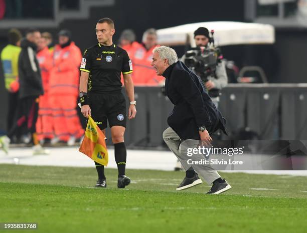 José Mourinho head coach of AS Roma gestures during the Coppa Italia Quarter-Final match between SS Lazio and AS Roma at Stadio Olimpico on January...