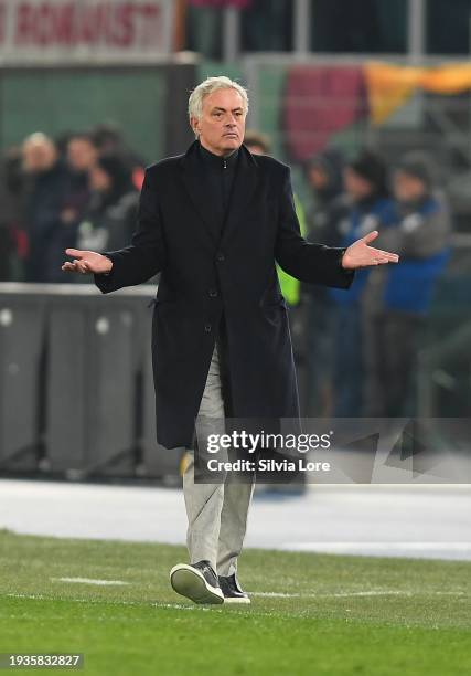 José Mourinho head coach of AS Roma gestures during the Coppa Italia Quarter-Final match between SS Lazio and AS Roma at Stadio Olimpico on January...