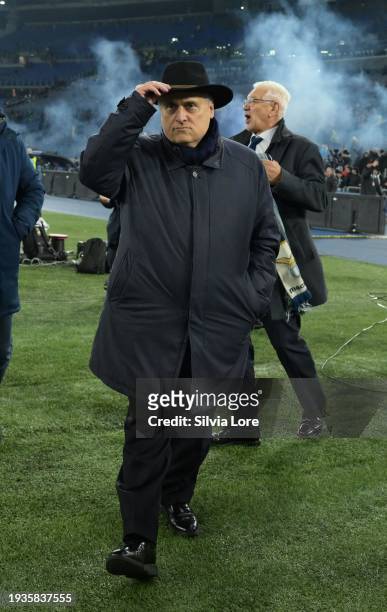 Claudio Lotito President of SS Lazio celebrates the victory at the end of the Coppa Italia Quarter-Final match between SS Lazio and AS Roma at Stadio...