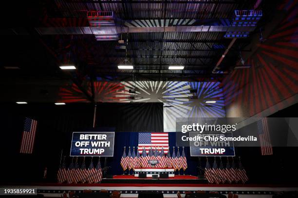 The stage is set and ready for the caucus night event for Republican presidential candidate former U.S. President Donald Trump at the Iowa Events...