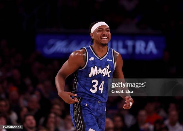 Wendell Carter Jr. #34 of the Orlando Magic celebrates his three point shot against the New York Knicks at Madison Square Garden on January 15, 2024...