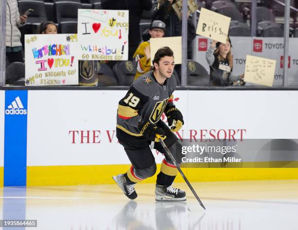 Brendan Brisson of the Vegas Golden Knights skates a rookie lap before playing in his first career NHL game against the Nashville Predators at...