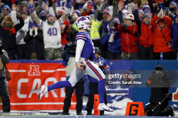 Josh Allen of the Buffalo Bills scores a 52-yard touchdown against the Pittsburgh Steelers during the second quarter at Highmark Stadium on January...