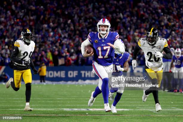 Josh Allen of the Buffalo Bills scores a 52-yard touchdown against the Pittsburgh Steelers during the second quarter at Highmark Stadium on January...