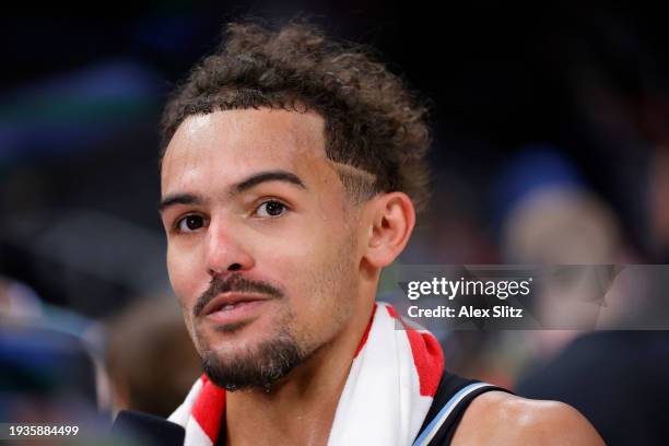 Trae Young of the Atlanta Hawks gives an interview after a game against the San Antonio Spurs at State Farm Arena on January 15, 2024 in Atlanta,...