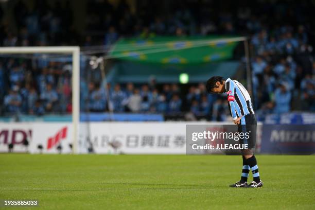 Kengo Nakamura of Kawasaki Frontale looks dejected after the team's 0-1 defeat in the J.League Championship semi final between Kawasaki Frontale and...