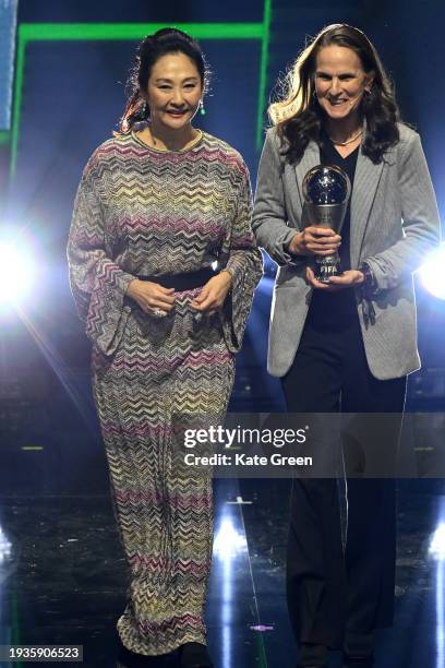 Marcia Aoki and Carla Overbeck prepare to present the FIFA Special Award during the The Best FIFA Football Awards 2023 at The Apollo Theatre on...