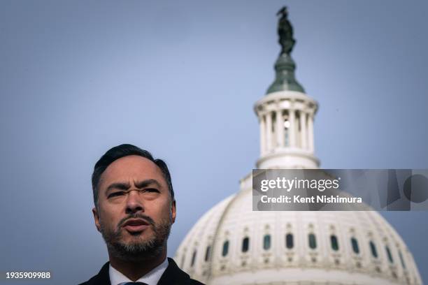 Rep. Joaquin Castro speaks during a news conference about the ongoing border negotiations, outside of the U.S. Capitol on January 18, 2024 in...