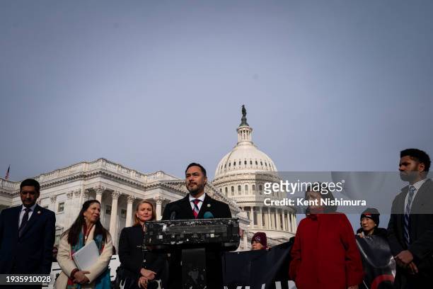 Rep. Joaquin Castro speaks during a news conference about the ongoing border negotiations, outside of the U.S. Capitol on January 18, 2024 in...