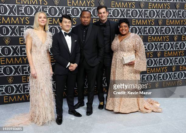 Desi Lydic, Ronny Chieng, Roy Wood, Jr., Michael Kosta and Dulcé Sloan attend the 75th Primetime Emmy Awards at Peacock Theater on January 15, 2024...