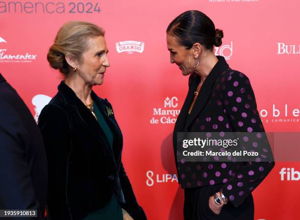 Elena de Borbon and model Nieves Alvarez chat during SIMOF 2024, International Flamenco Fashion Show, at FIBES Conference and Exhibition Centre on...