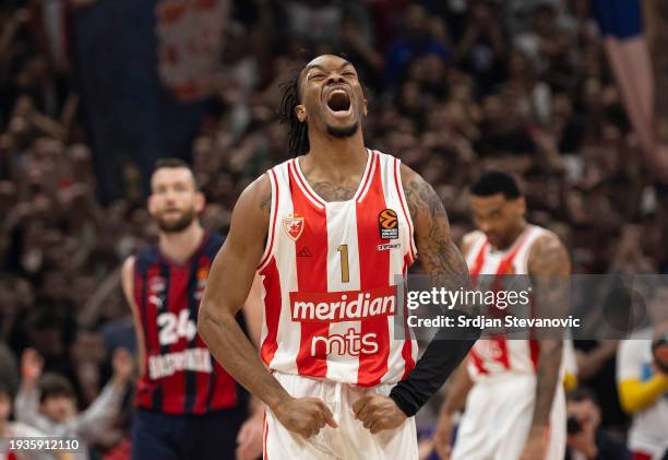 Javonte Smart, #01 of Crvena Zvezda Meridianbet Belgrade reacts during the Turkish Airlines EuroLeague match between Crvena Zvezda Meridianbet...