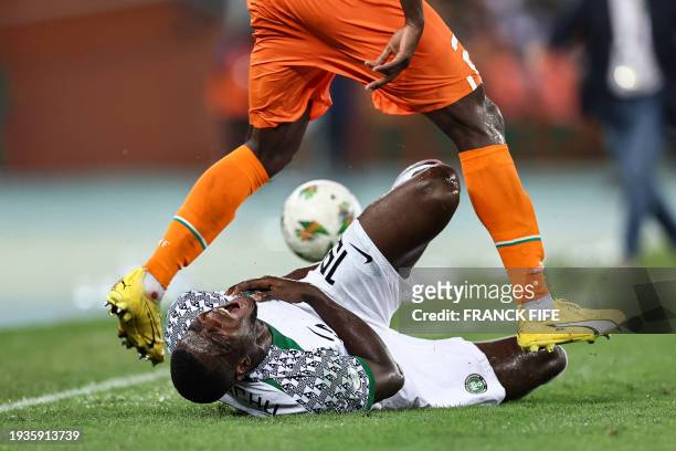 Nigeria's forward Umar Sadiq reacts during the Africa Cup of Nations 2024 group A football match between Ivory Coast and Nigeria at the Alassane...