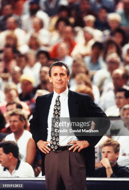 Head Coach Pat Riley of the Los Angeles Lakers takes part in an NBA game against the Sacramento Kings played on March 23, 1989 at Arco Arena in...