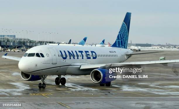 An United Airlines Airbus A319 taxis in Chicago International Airport in Chicago, Illinois on January 18, 2024.